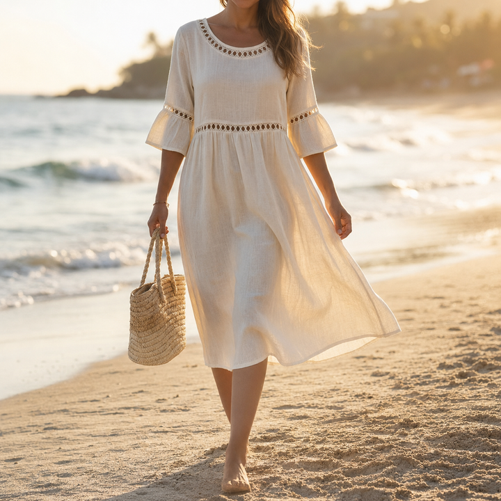 Lunira – robe midi en coton-lin avec détails en dentelle