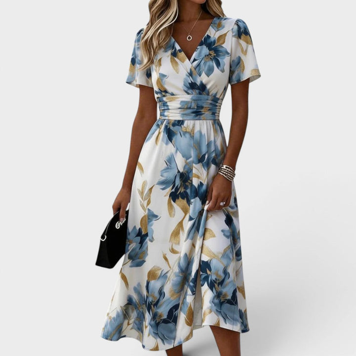 Evadra – Robe midi à imprimé métallisé avec nœud à la taille