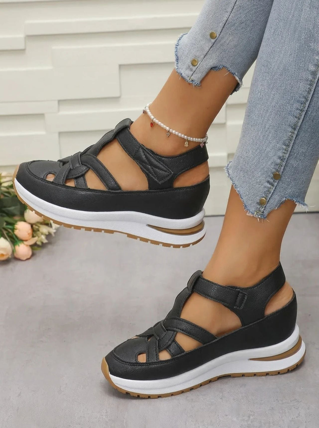 Orlise – fermeture Velcro, semelle en caoutchouc, sandales à talon compensé
