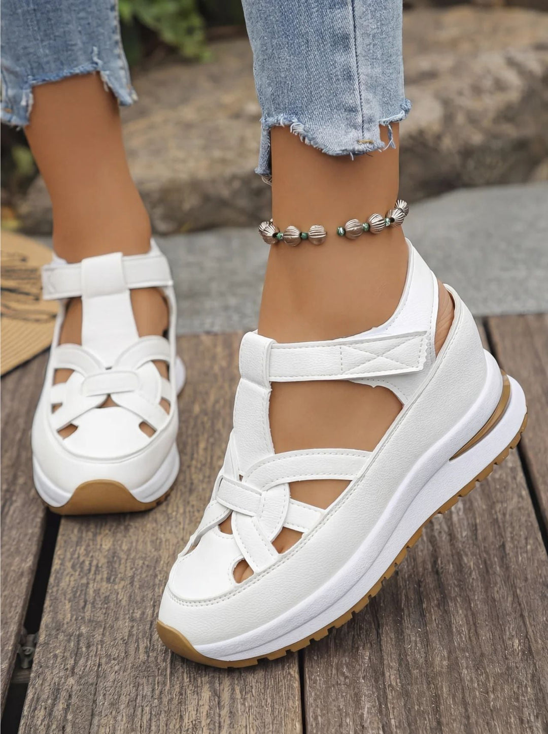 Orlise – fermeture Velcro, semelle en caoutchouc, sandales à talon compensé