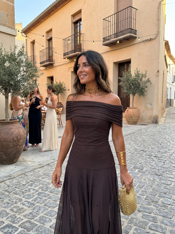 Virela – À épaules dénudées et coupe portefeuille, en microfibre, robe maxi