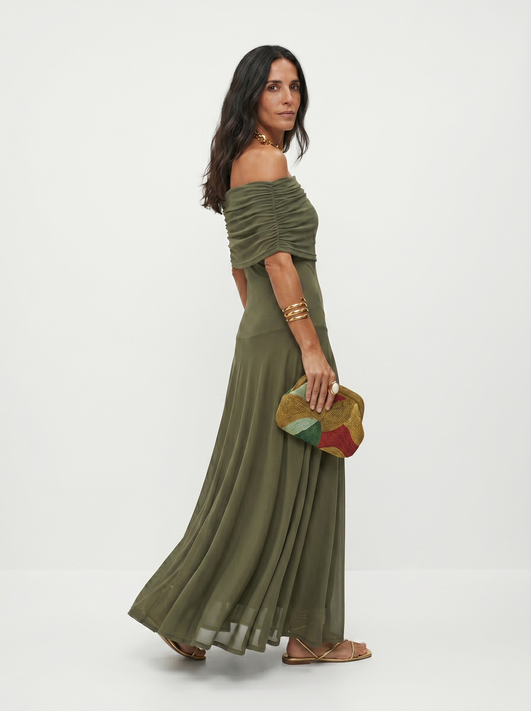 Virela – À épaules dénudées et coupe portefeuille, en microfibre, robe maxi