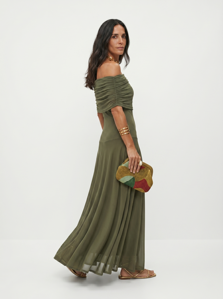 Virela – À épaules dénudées et coupe portefeuille, en microfibre, robe maxi