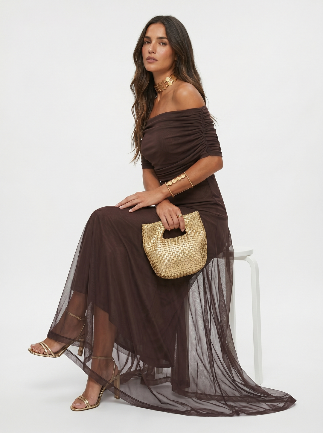 Virela – À épaules dénudées et coupe portefeuille, en microfibre, robe maxi