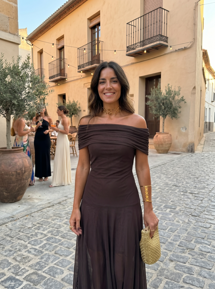 Virela – À épaules dénudées et coupe portefeuille, en microfibre, robe maxi