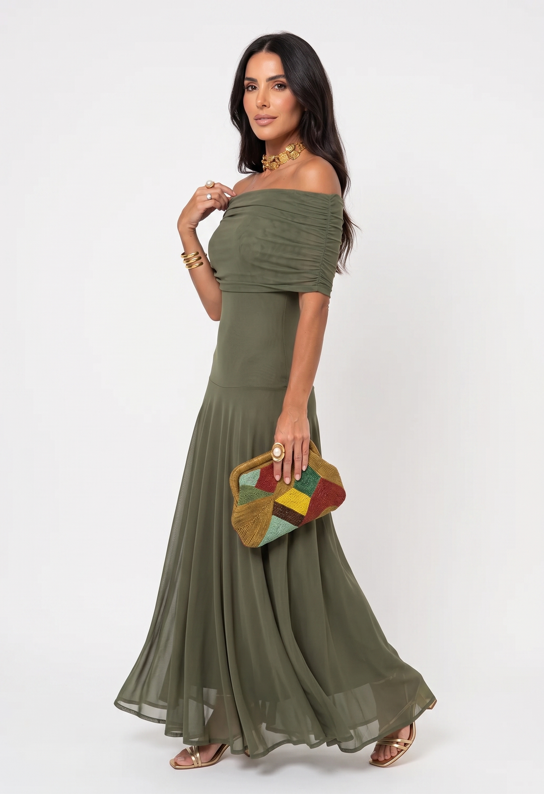 Virela – À épaules dénudées et coupe portefeuille, en microfibre, robe maxi