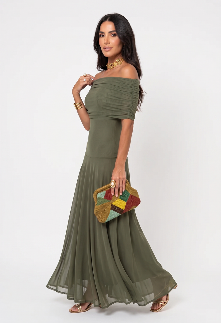 Virela – À épaules dénudées et coupe portefeuille, en microfibre, robe maxi
