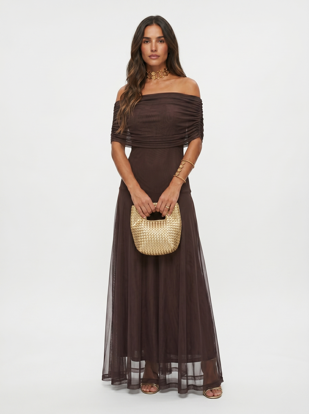 Virela – À épaules dénudées et coupe portefeuille, en microfibre, robe maxi