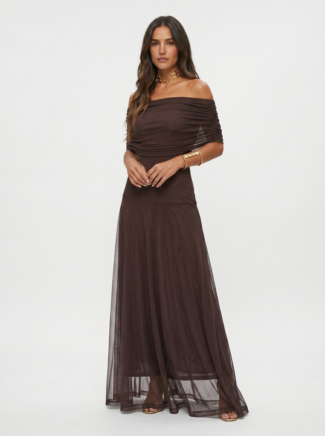 Virela – À épaules dénudées et coupe portefeuille, en microfibre, robe maxi