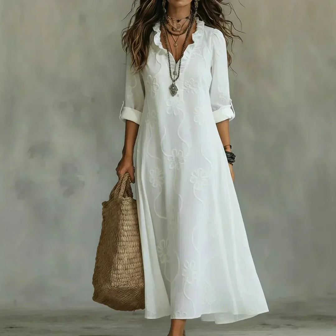 Talira – Manches roulées et motif floral, robe maxi