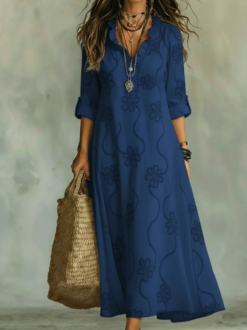 Talira – Manches roulées et motif floral, robe maxi