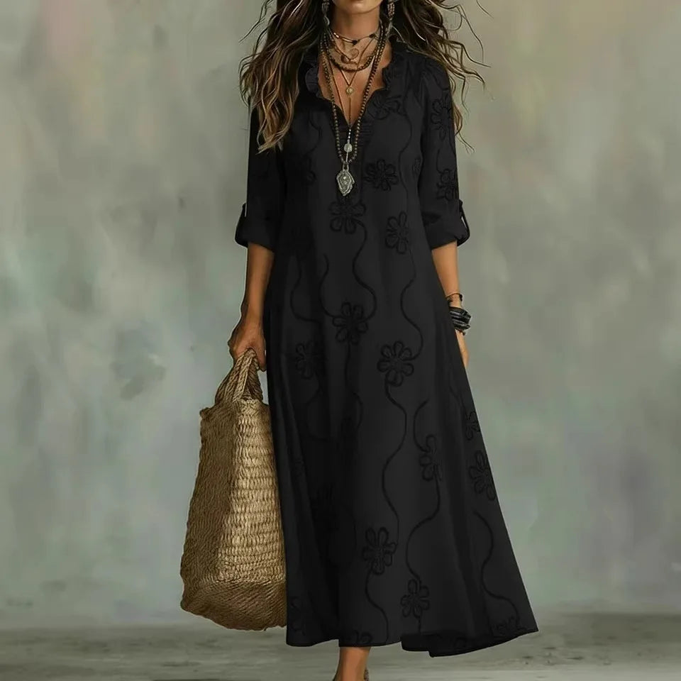 Talira – Manches roulées et motif floral, robe maxi