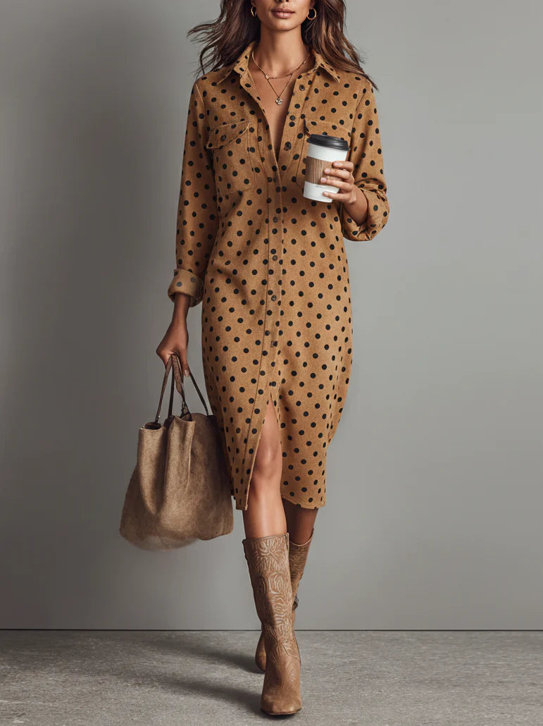Relina – À pois, effet suédé, robe-chemise midi