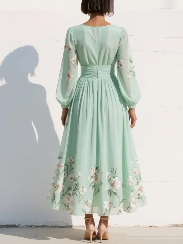 Nerise – Imprimé floral, taille marquée, robe midi