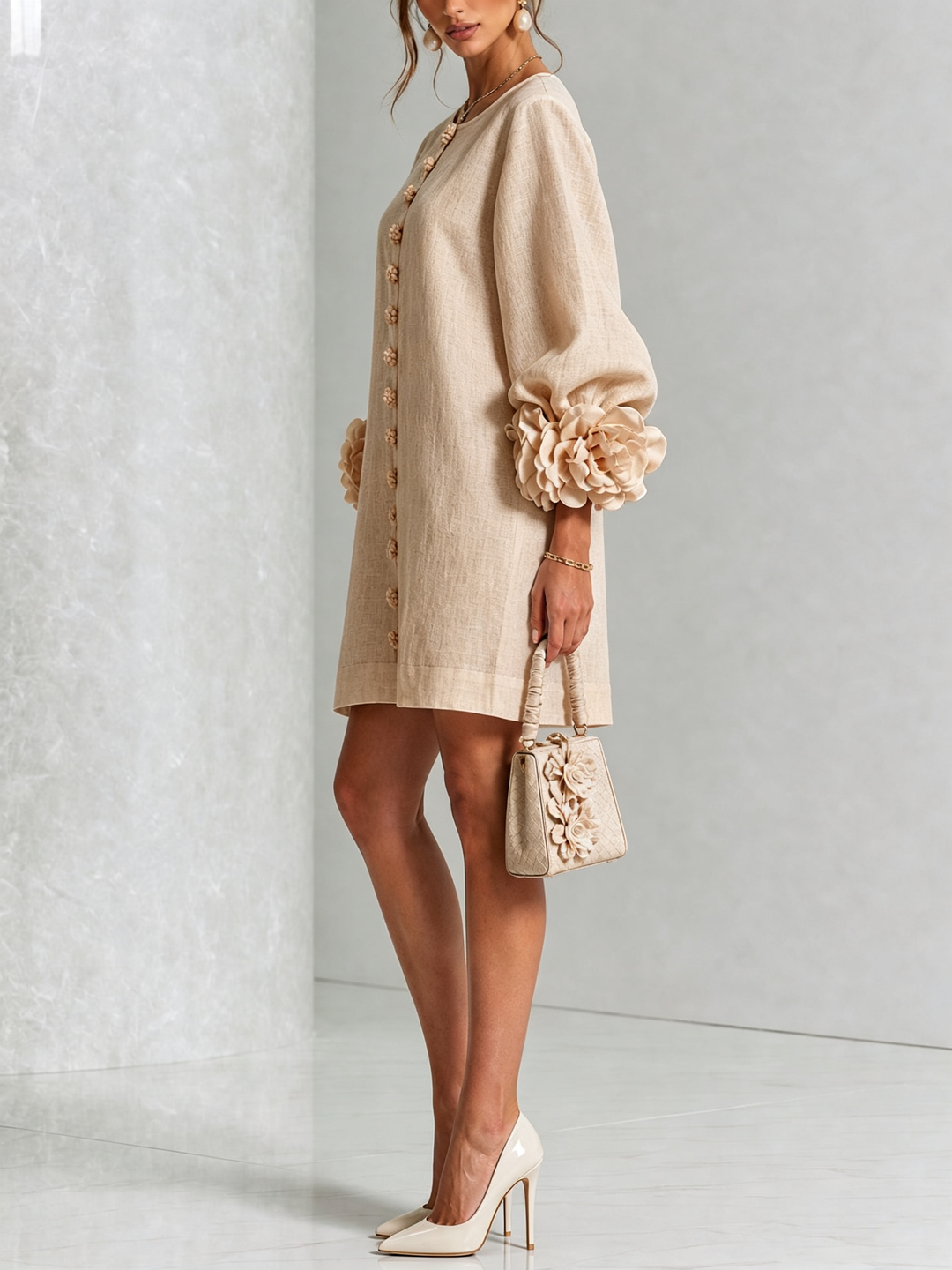 Rilane – Robe-chemise en lin mélangé à manches ornées de rosettes