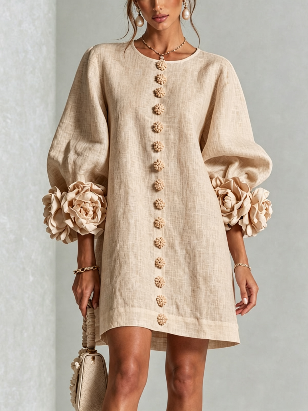 Rilane – Robe-chemise en lin mélangé à manches ornées de rosettes