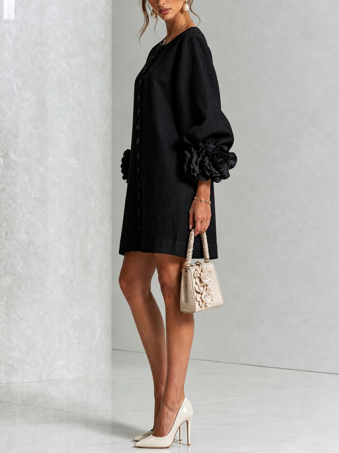 Rilane – Robe-chemise en lin mélangé à manches ornées de rosettes