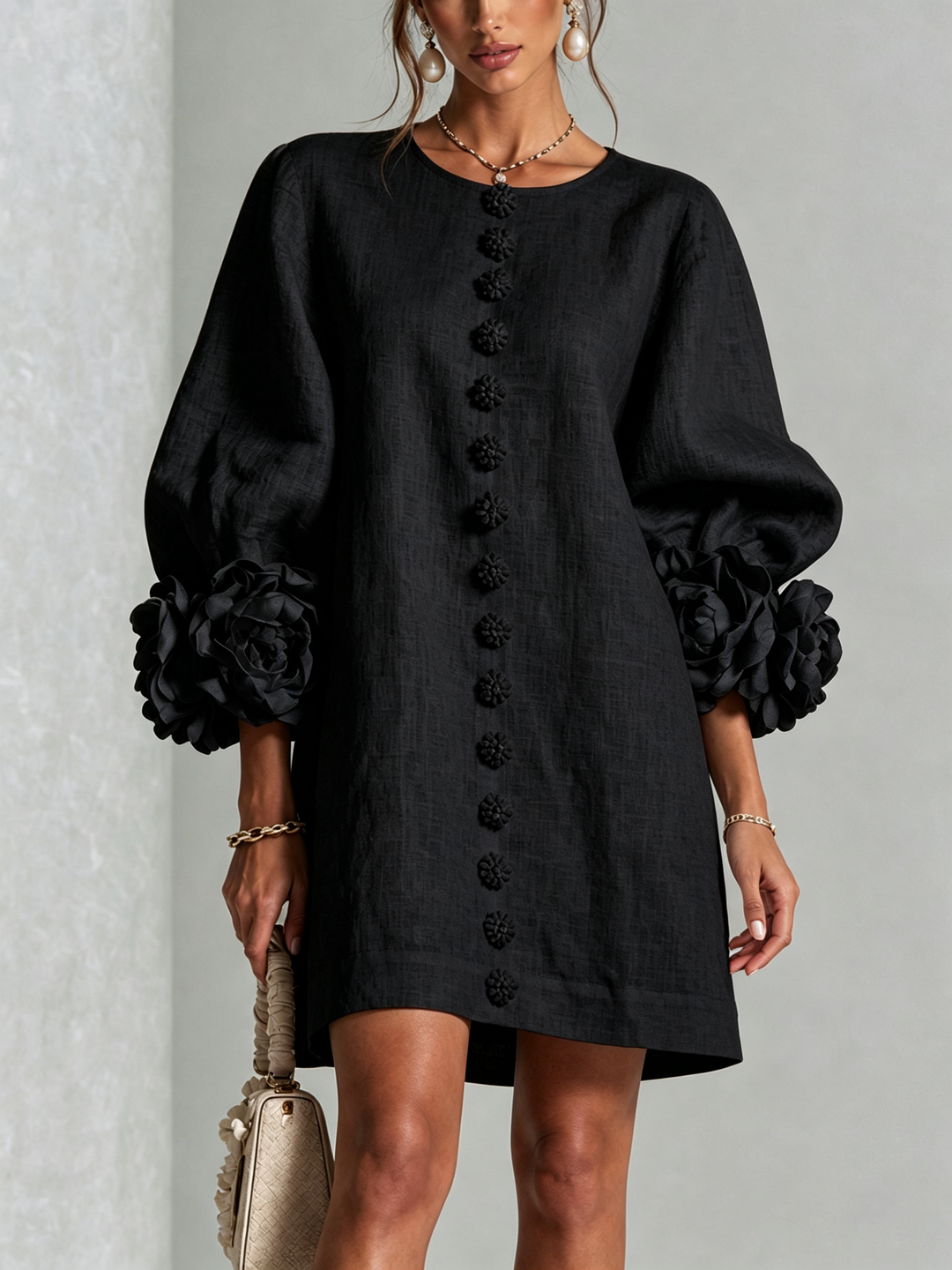 Rilane – Robe-chemise en lin mélangé à manches ornées de rosettes