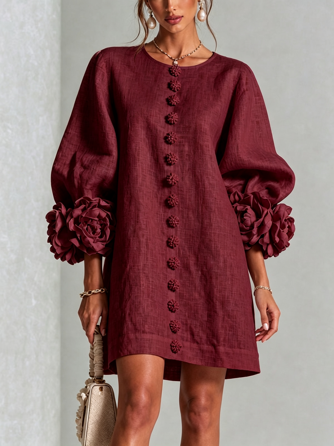 Rilane – Robe-chemise en lin mélangé à manches ornées de rosettes