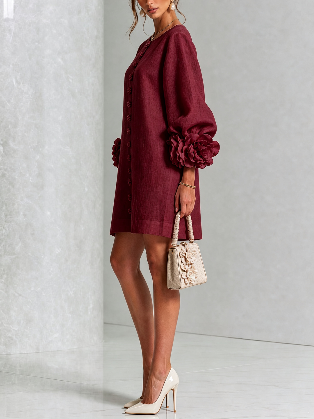 Rilane – Robe-chemise en lin mélangé à manches ornées de rosettes