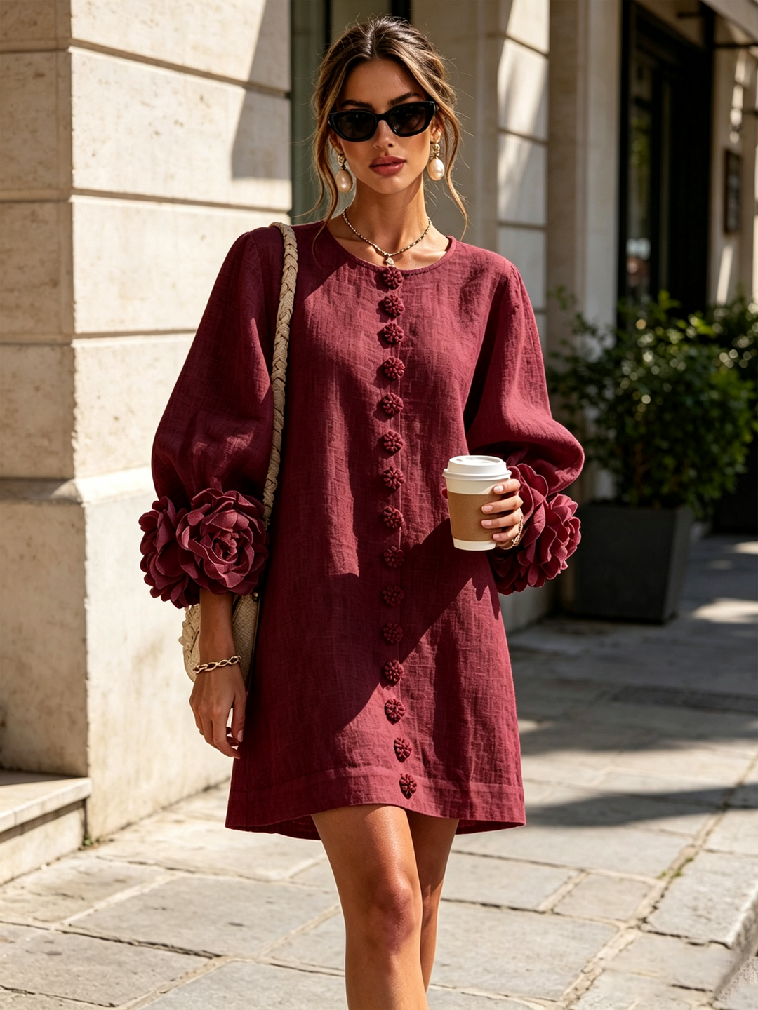 Rilane – Robe-chemise en lin mélangé à manches ornées de rosettes