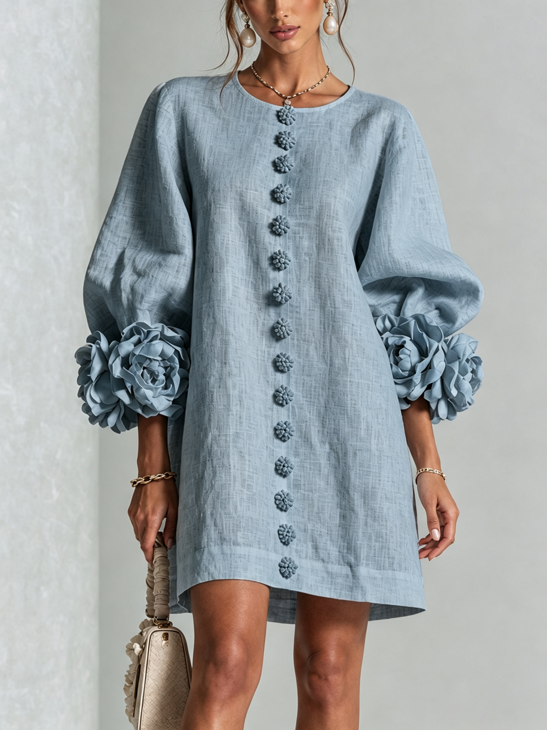 Rilane – Robe-chemise en lin mélangé à manches ornées de rosettes
