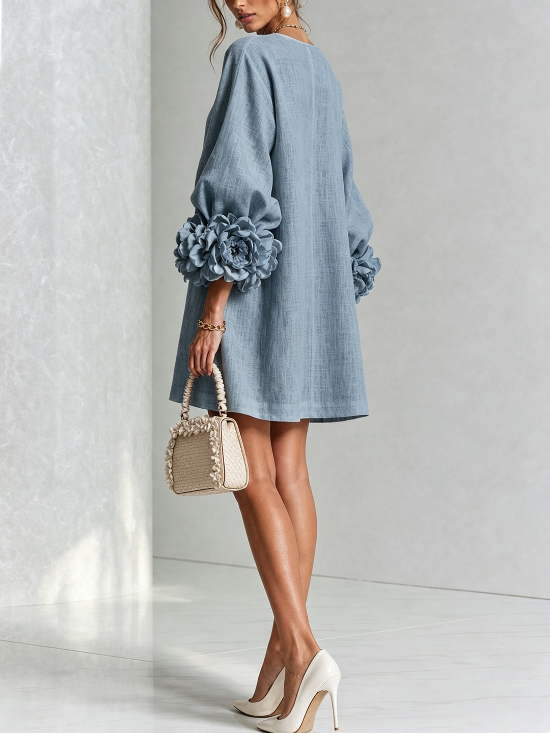 Rilane – Robe-chemise en lin mélangé à manches ornées de rosettes