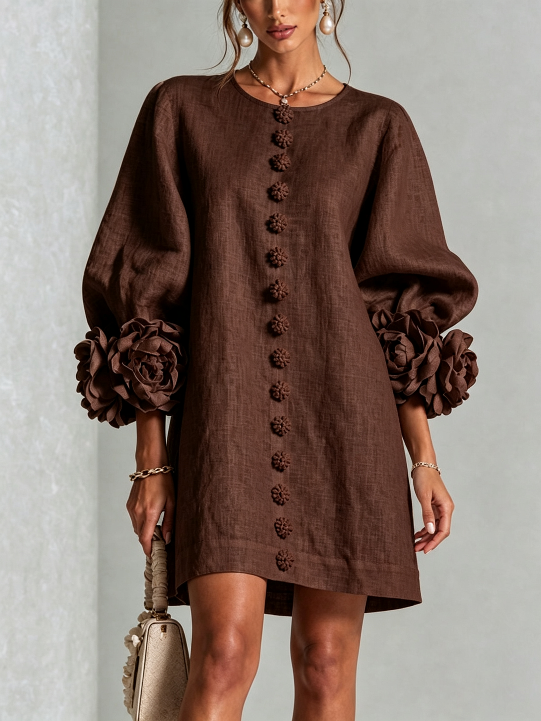 Rilane – Robe-chemise en lin mélangé à manches ornées de rosettes