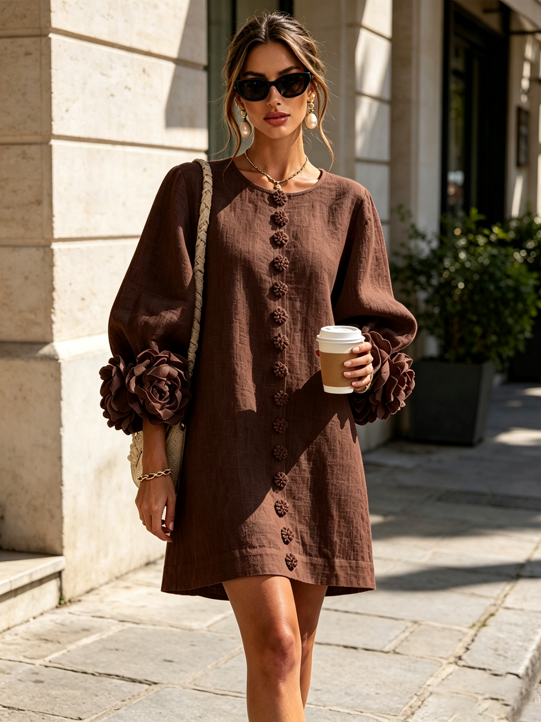 Rilane – Robe-chemise en lin mélangé à manches ornées de rosettes