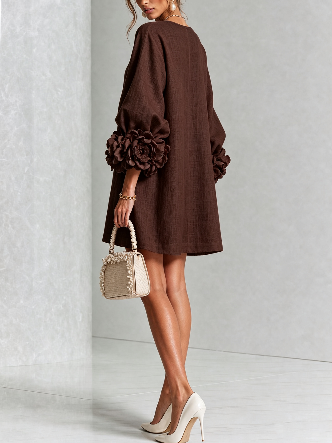 Rilane – Robe-chemise en lin mélangé à manches ornées de rosettes