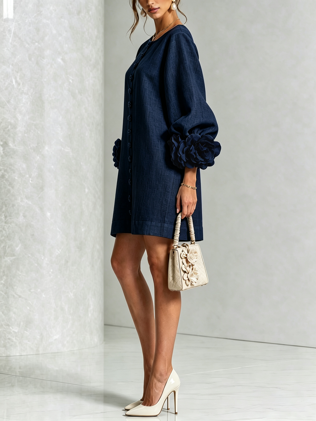 Rilane – Robe-chemise en lin mélangé à manches ornées de rosettes