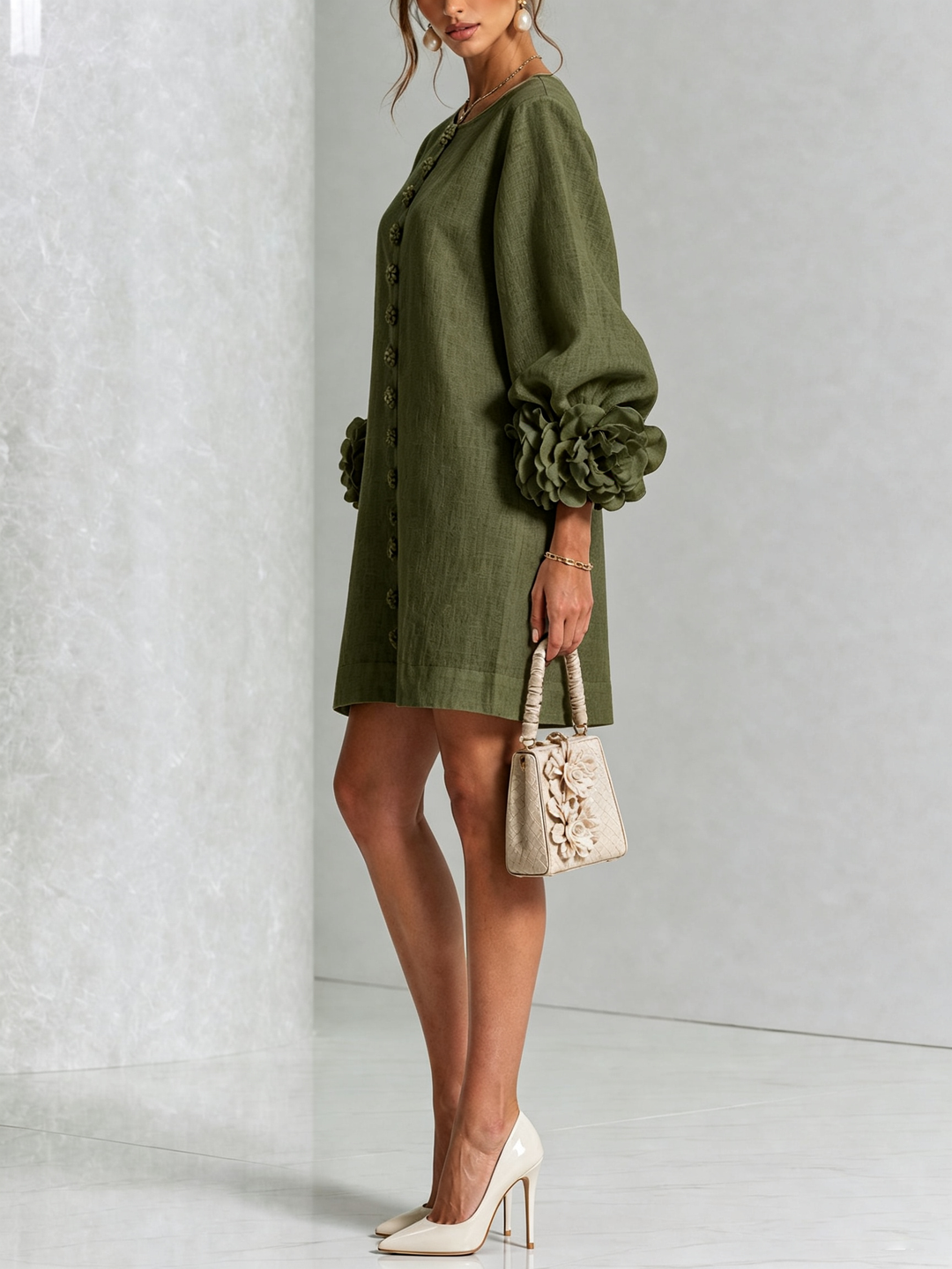 Rilane – Robe-chemise en lin mélangé à manches ornées de rosettes