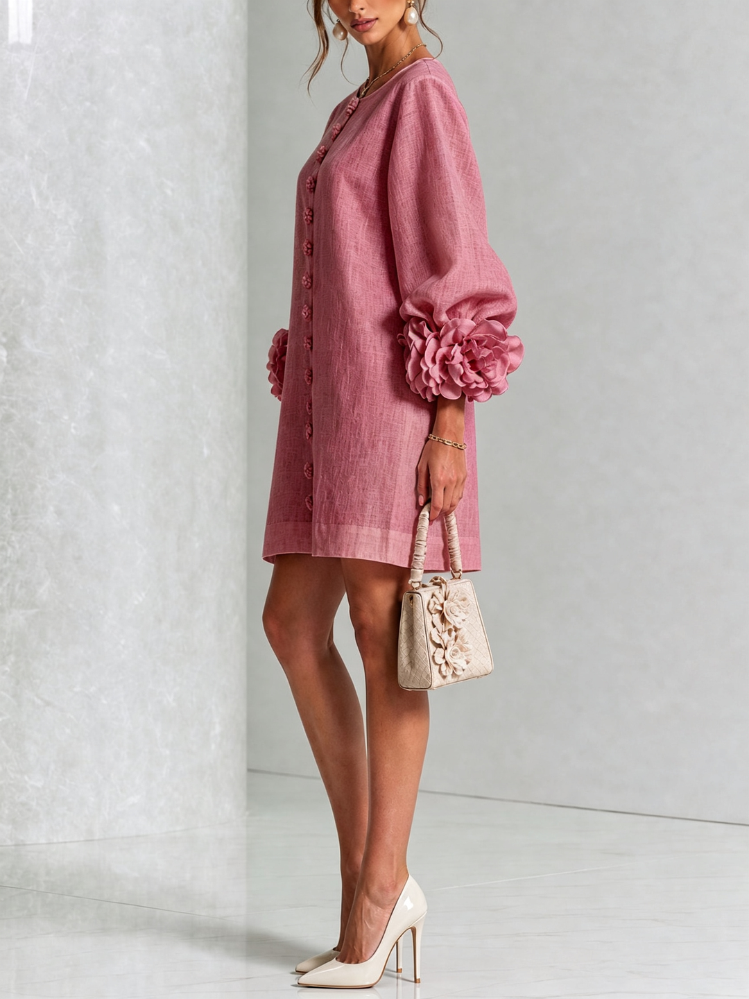 Rilane – Robe-chemise en lin mélangé à manches ornées de rosettes