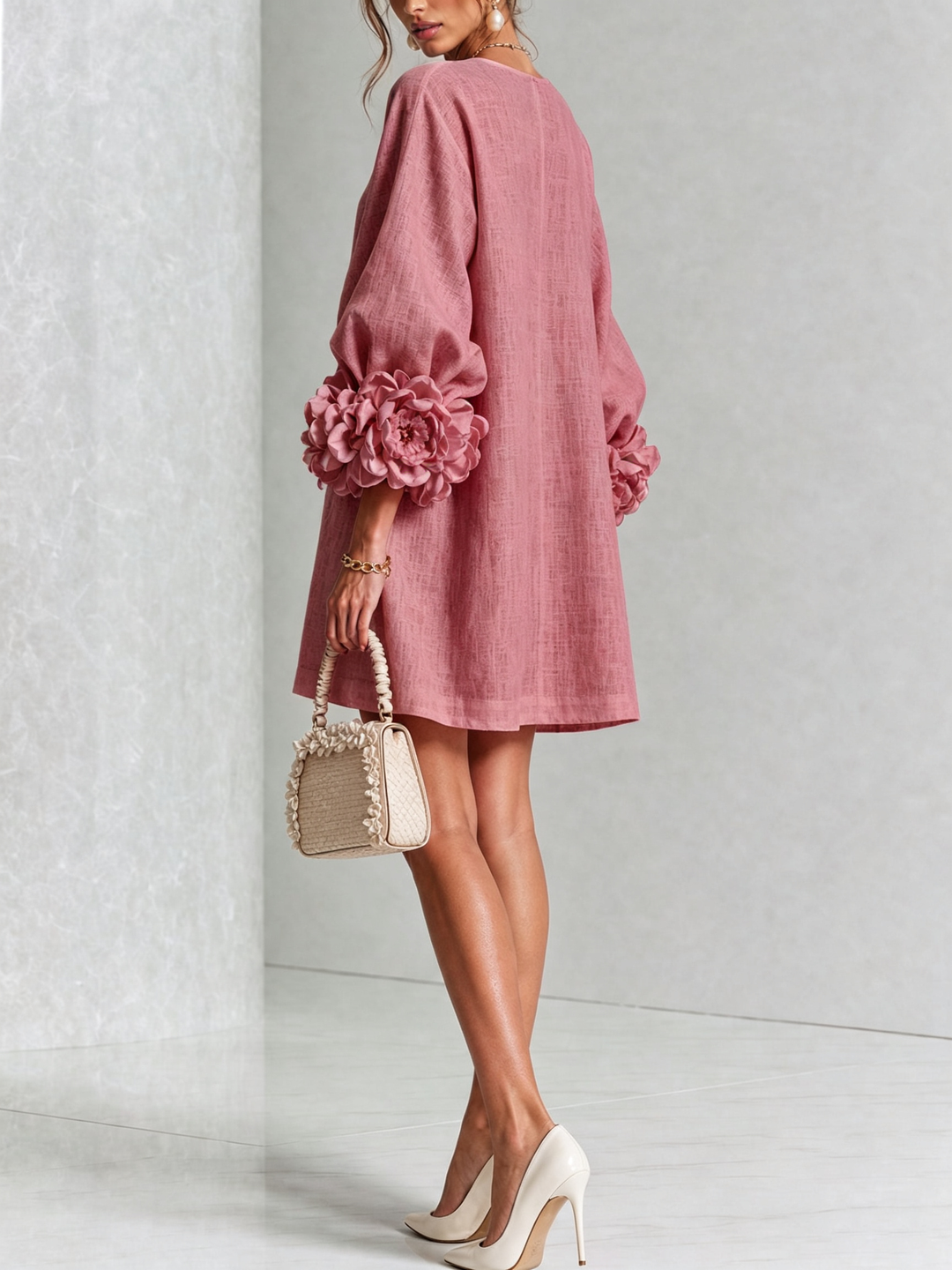 Rilane – Robe-chemise en lin mélangé à manches ornées de rosettes