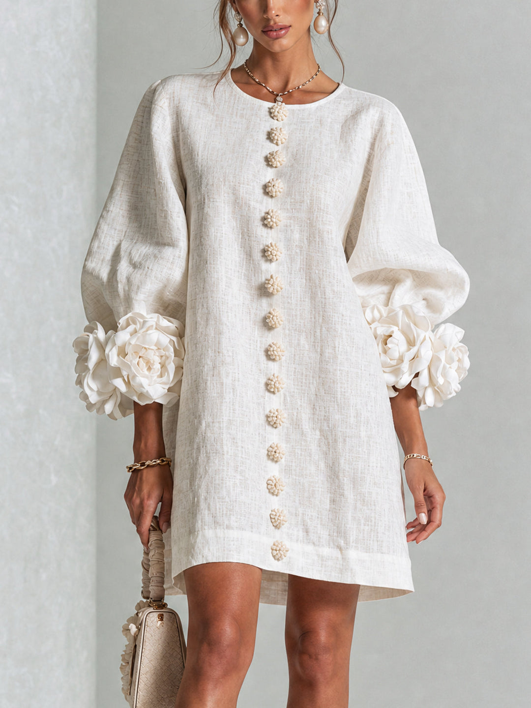 Rilane – Robe-chemise en lin mélangé à manches ornées de rosettes