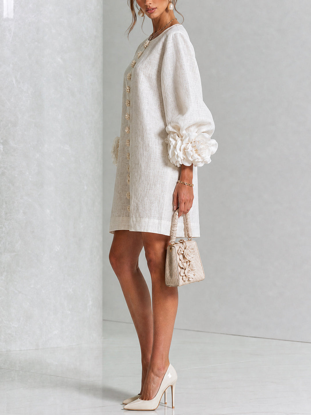 Rilane – Robe-chemise en lin mélangé à manches ornées de rosettes