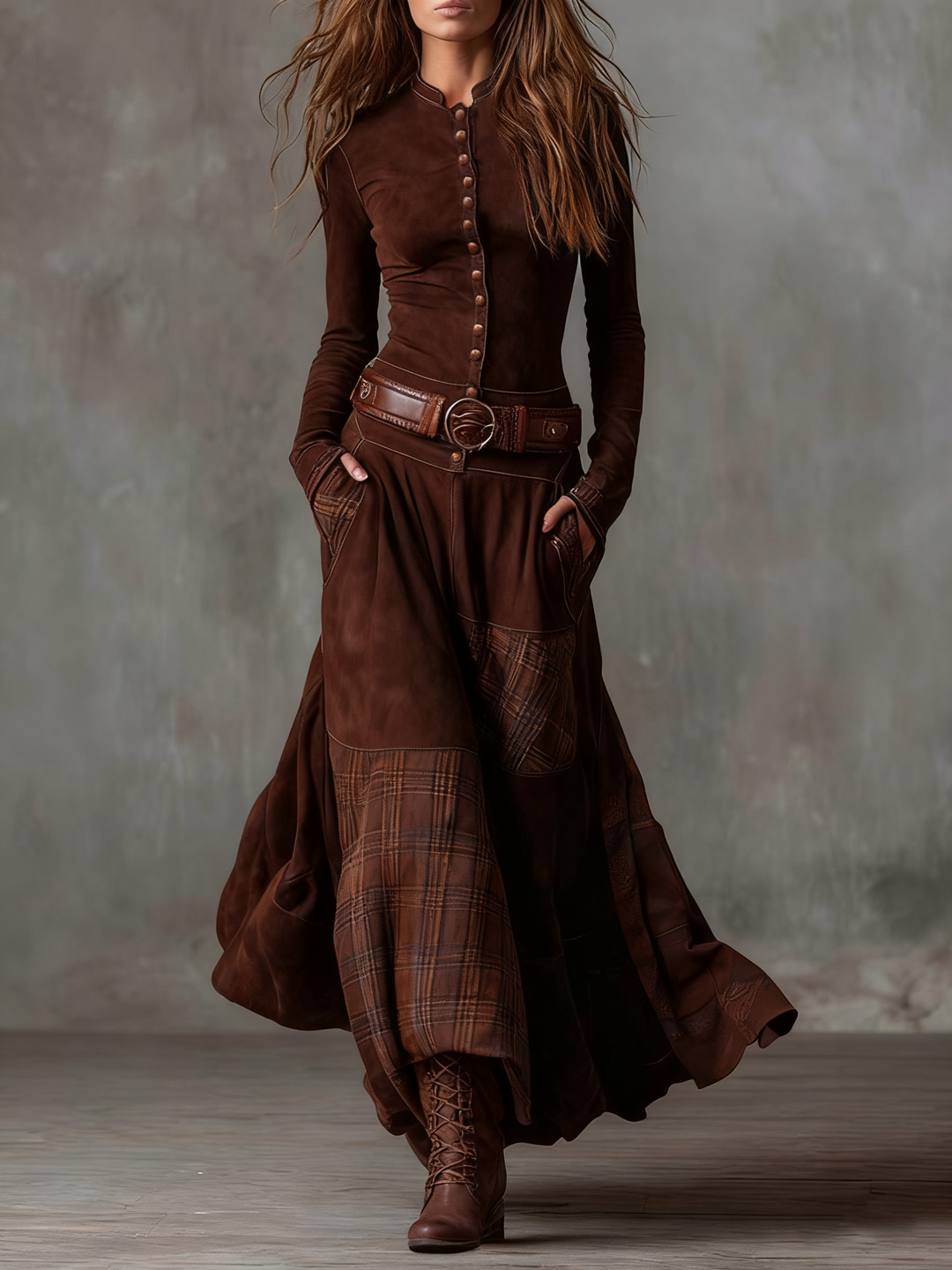 Elyra – Robe maxi patchwork en daim