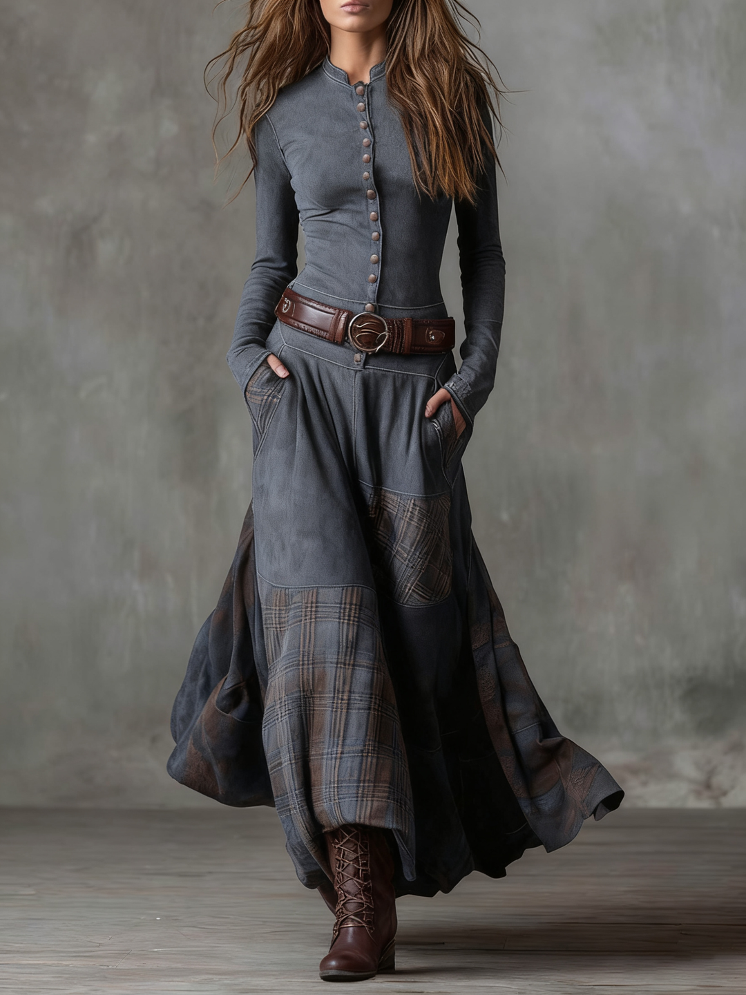 Elyra – Robe maxi patchwork en daim