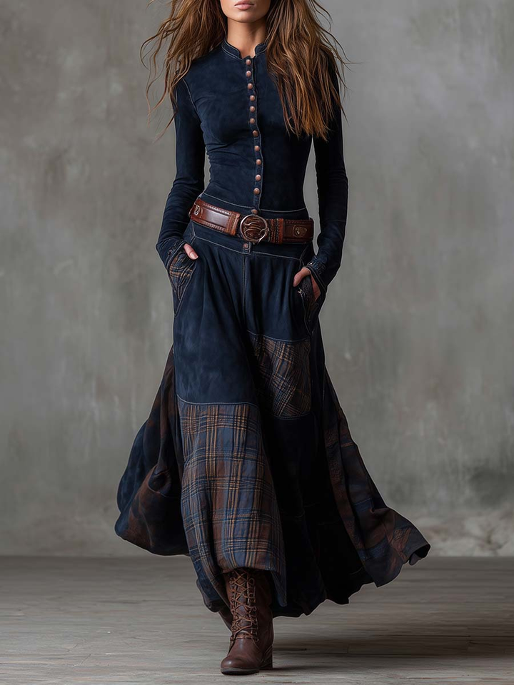 Elyra – Robe maxi patchwork en daim