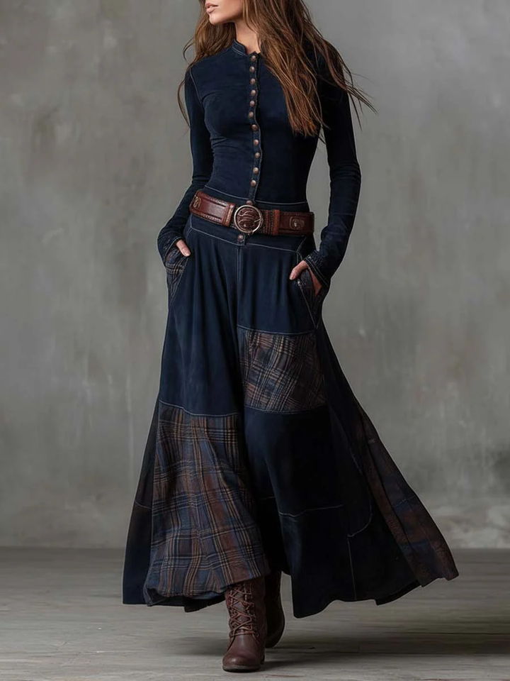 Elyra – Robe maxi patchwork en daim