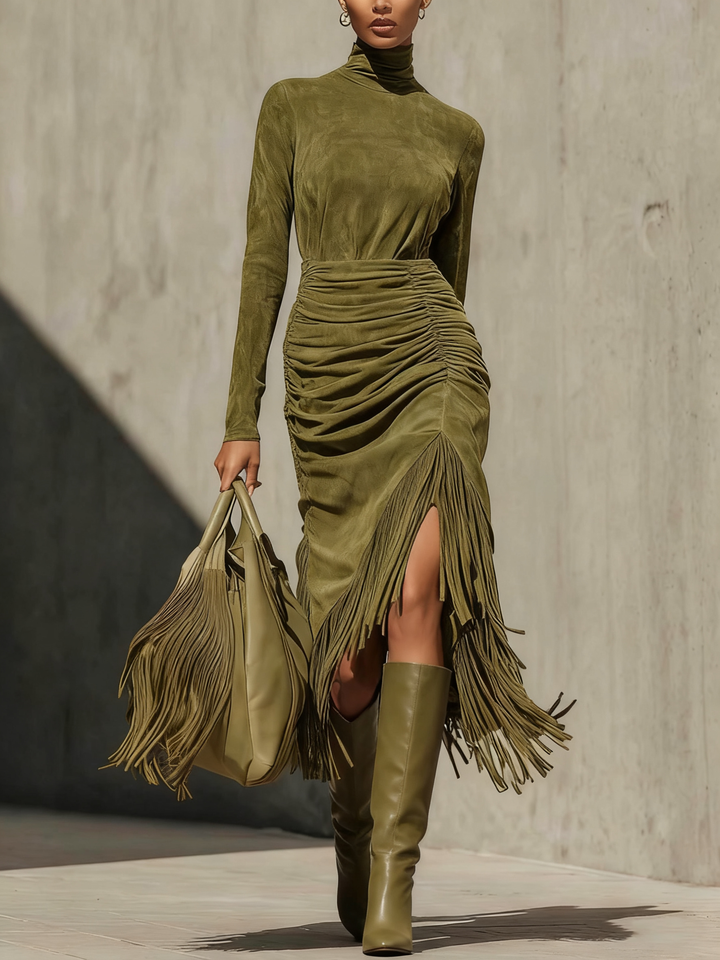 Orlise – robe portefeuille midi à col montant à effet suédé