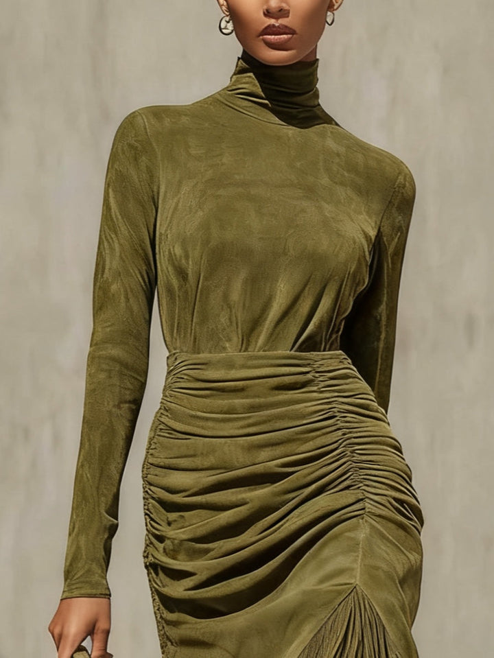 Orlise – robe portefeuille midi à col montant à effet suédé
