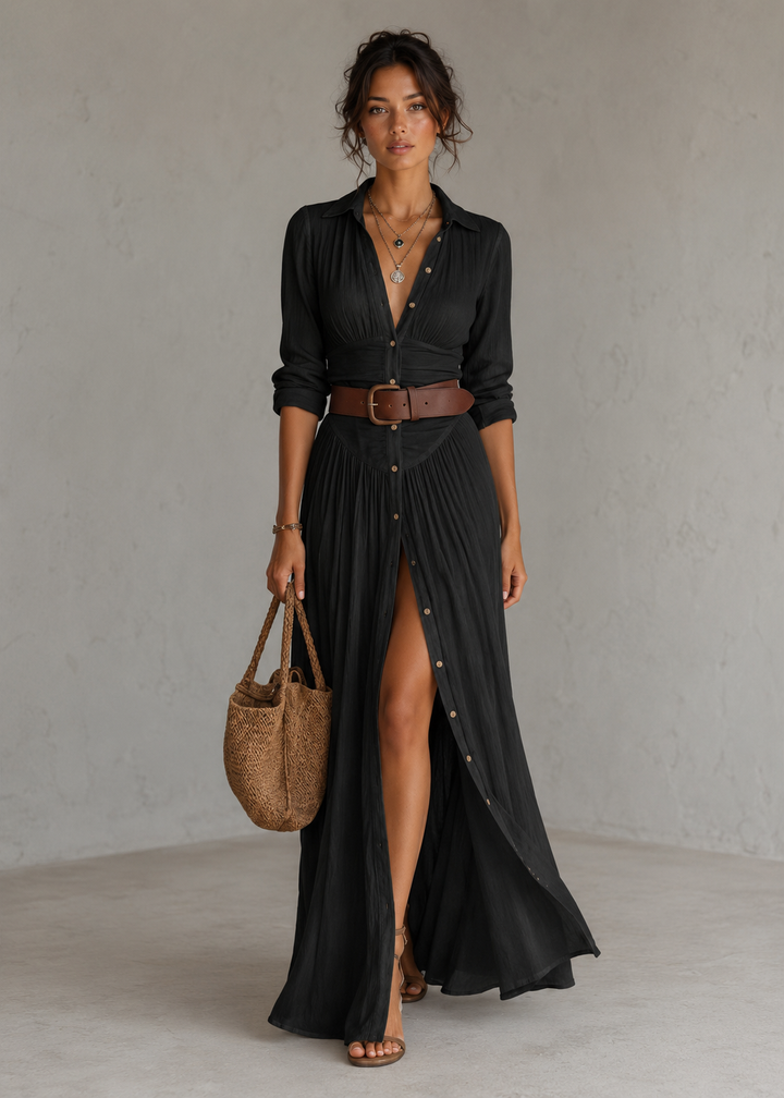 Mevara – Robe longue plissée en coton-lin