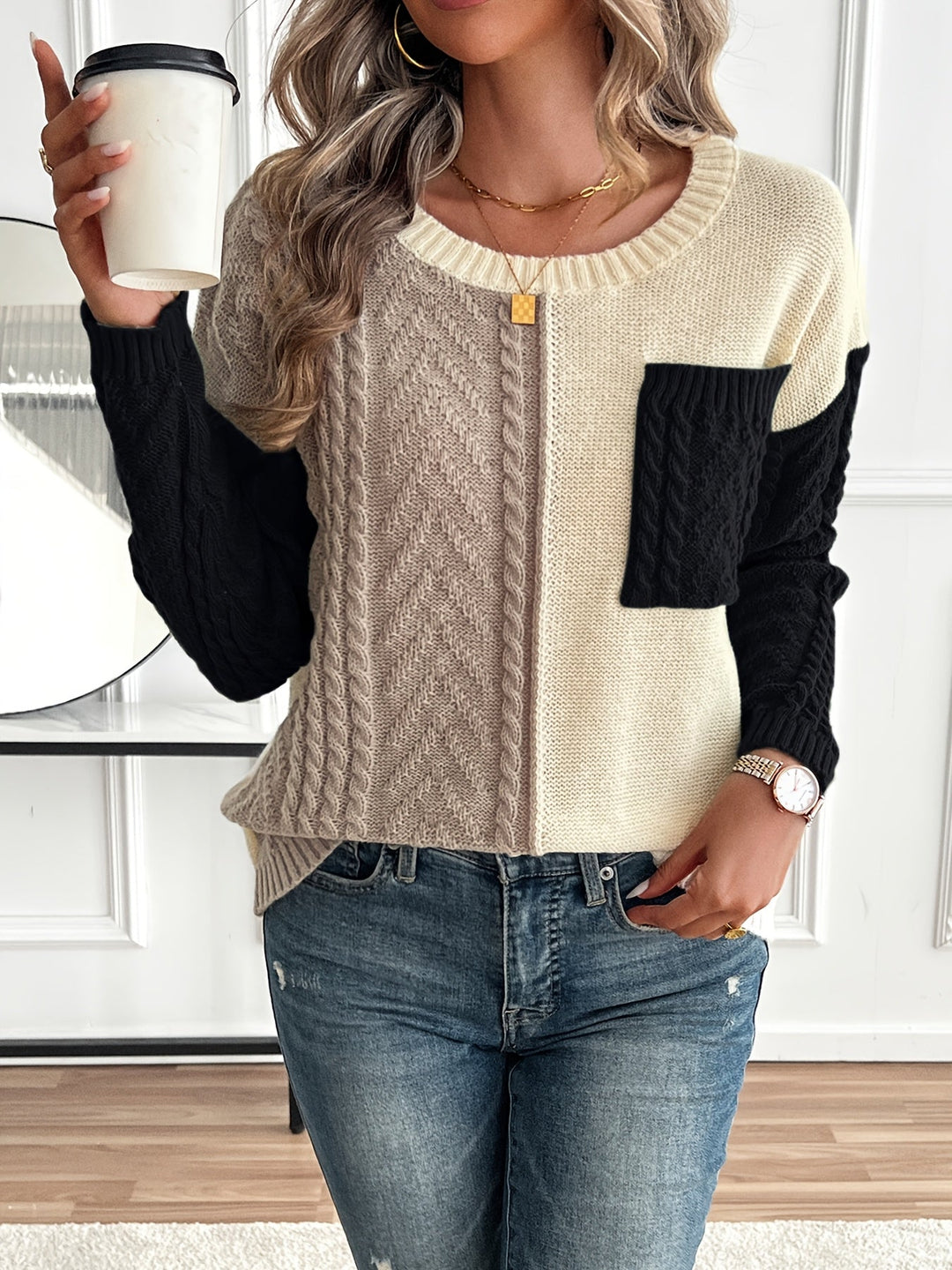 Nireva – blocs de couleur, maille torsadée, pull