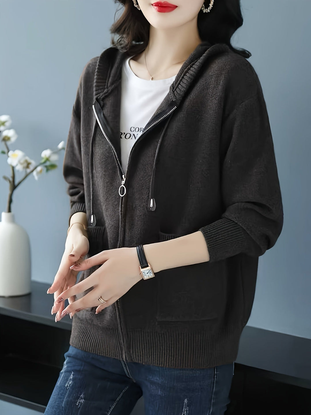 Rilena – à capuche avec cordon de serrage en maille de viscose, cardigan