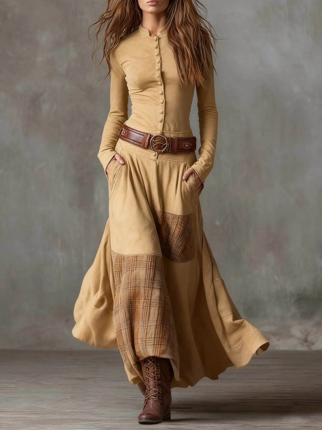 Elyra – Robe maxi patchwork en daim