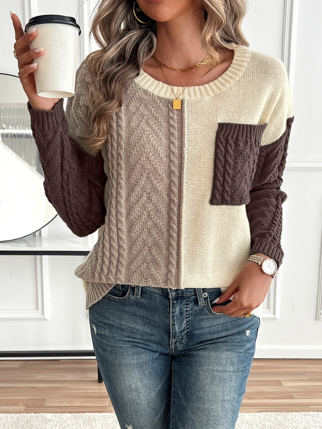 Nireva – blocs de couleur, maille torsadée, pull