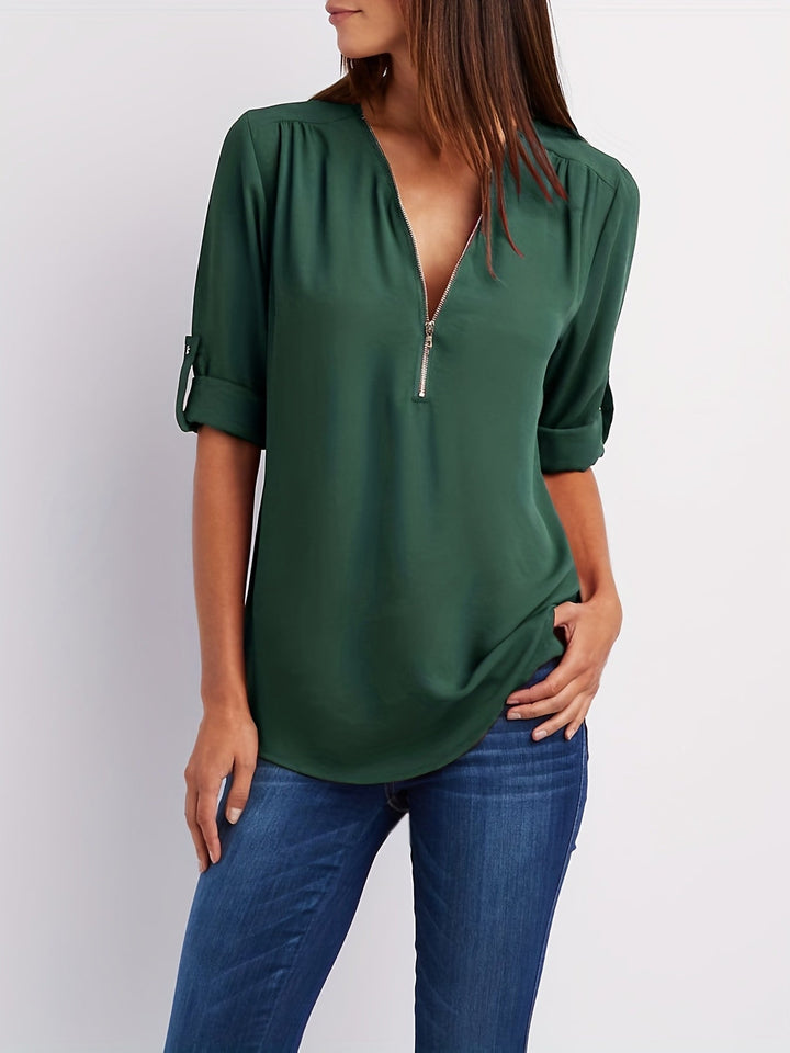 Nivara – Col V zippé en tissu tissé, blouse