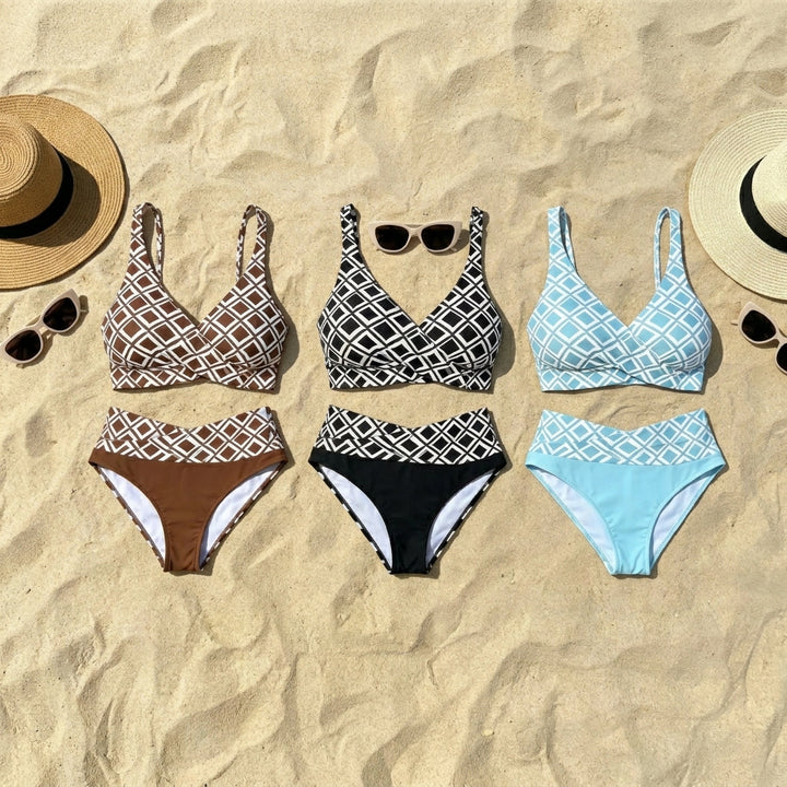 Sevra – décolleté en V croisé, imprimé géométrique, ensemble de bikini