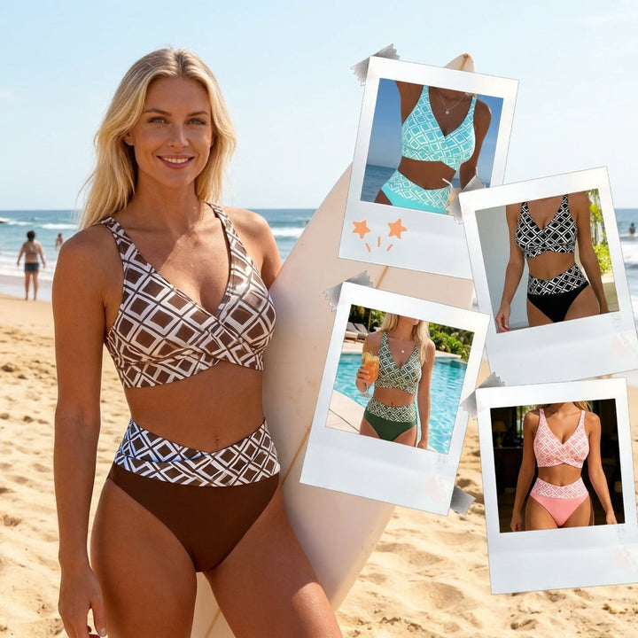 Sevra – décolleté en V croisé, imprimé géométrique, ensemble de bikini